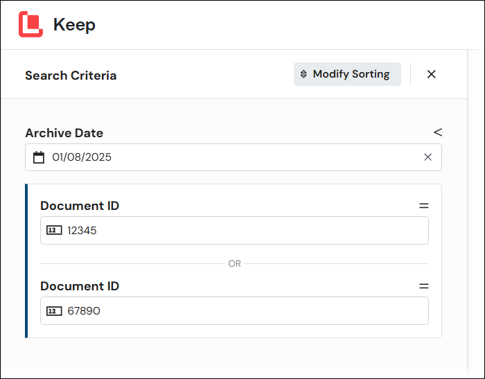 Grouped search criteria in a search configuration's search criteria pane.